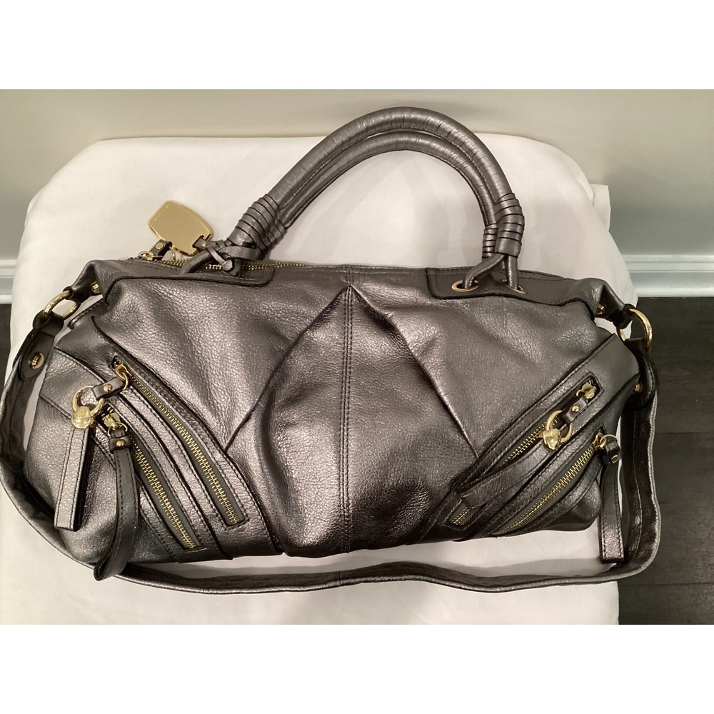 B. Makowsky Metallic Pewter Leather Satchel Handbag Gold Hardware Leopard Lining